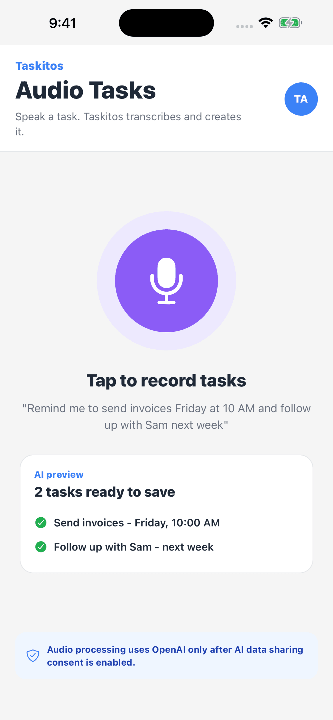 Taskitos iOS audio tasks screen showing recording controls and transcription status
