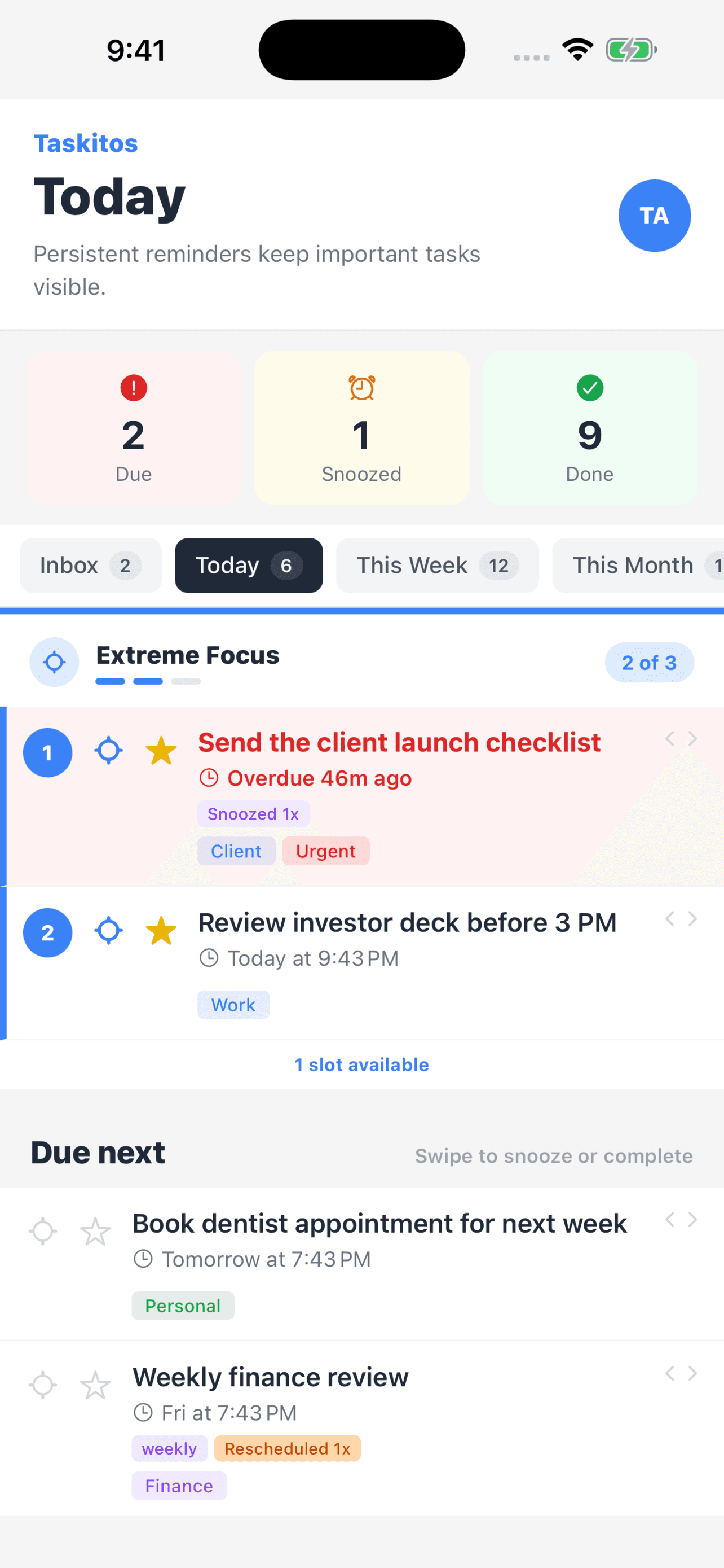 Taskitos iOS dashboard showing task counts and task lists