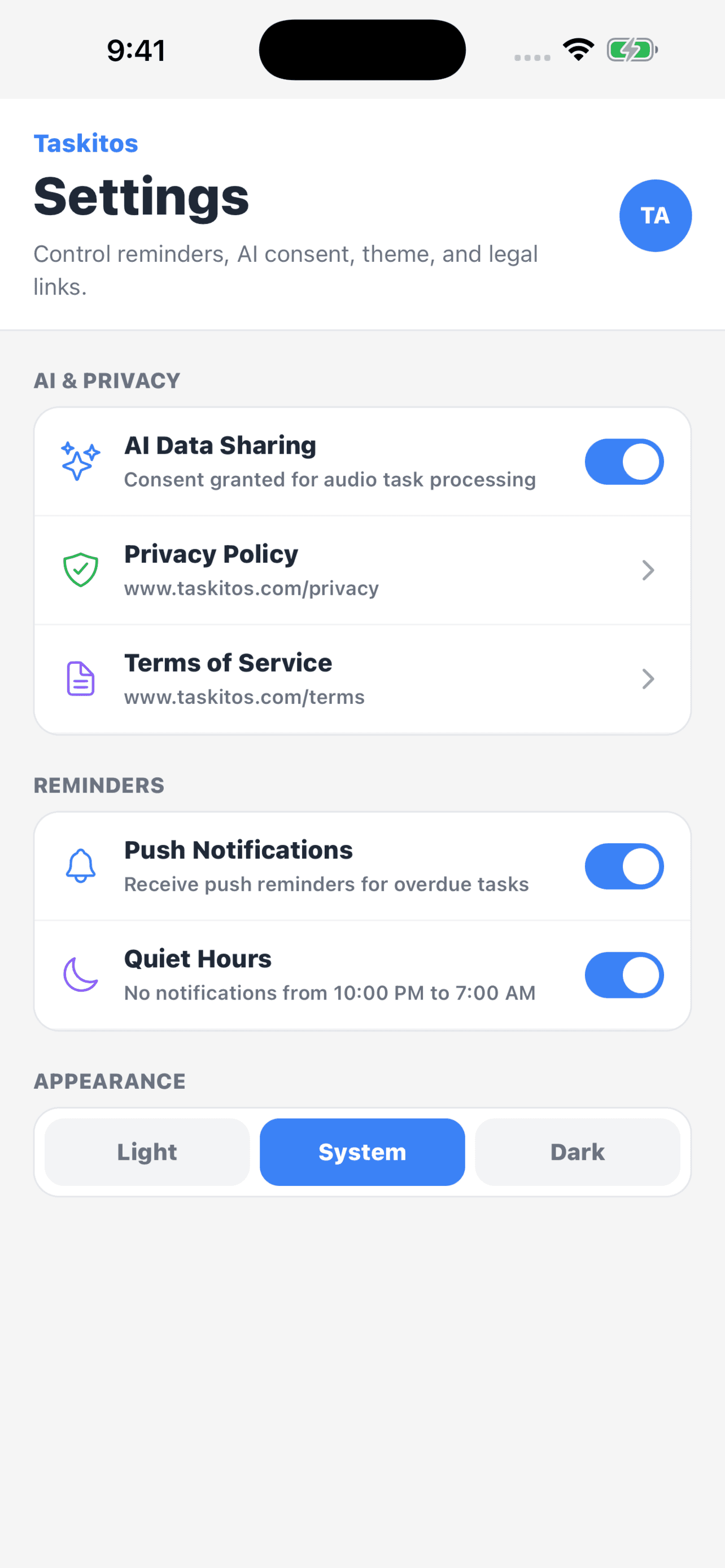 Taskitos iOS settings screen showing notification and privacy controls